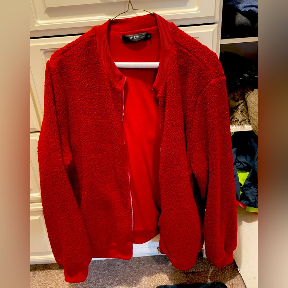 Fuzzy red bomber jacket